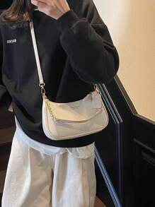 New Elegant Solid Color PU Underarm Bag, Metal Chain Handle Women Shoulder Bag