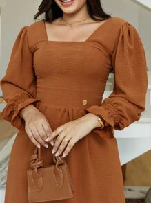 Women's Long Sleeve Midi Mullet Dress With Ruffles Tailoring Square Neckline Spring Summer Christian Evangelical Fashion REF: Angela - Brown 1 - View 2