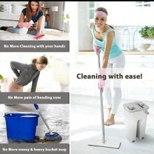 MOP PLAT AVEC RACLETTE DE SOL + SEAU À DEUX COMPARTIMENTS Tapis de nettoyage à séchage rapide, Seau à franges de nettoyage de sol robuste, Accessoires de nettoyage de robinet de cuisine flexible, Tête de serpillière flexible 360°, Tampons réutilisables Nettoyants pour sol à la maison