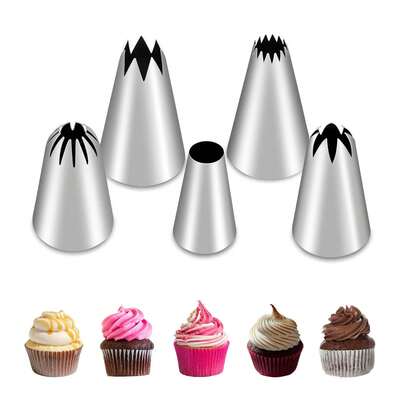 Bộ 5 đầu phun kem cỡ lớn, bằng thép không gỉ, dùng để trang trí bánh, phủ kem cho bánh cupcake, bánh ngọt, bánh quy và trang trí (có thể rửa bằng máy rửa chén)