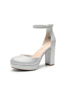 Women's Platform High Chunky Heels Pumps Closed Toe Block Ankle Strap Solid Color Comfortable Fashionable Bridal Party Wedding Dress Shoes - Silver - View 2