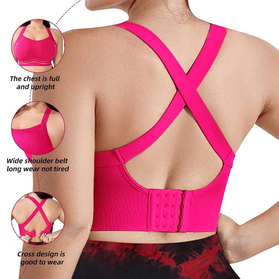Plus Size Women's Seamless Solid Sports Bra, Criss-Cross Straps, Skin-Friendly & Moisture-Wicking High Support With Push-Up & Beautiful Back Design - Pink - View 1