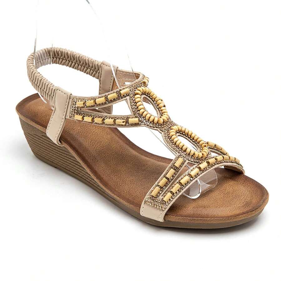 Summer Fashion Crystal & Pearl Decor Wedge Heel Thong Sandals - Beige - View 1
