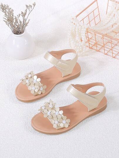 1 Pair Girls PU Cool Flat Hook-And-Loop Princess Sandals, Suitable For Summer