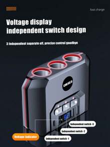 1pc 3-In-1 Car Charger With 4 USB Ports, Car Cigarette Lighter Adapter With Voltage Display And Switch - Black - View 3