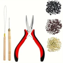 接发工具套件 200/500 件微型环珠 1 接发钳 2 钩针拉动，假发安装套件，发型工具配件（黑色、金色和棕色珠子） - 彩色 - 查看 9