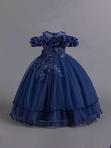 Tween Girls Applique Mesh Elegant Princess Dress For Birthday Party, Banquet, School Performance, With Random Pearl Studs, Excluding Hair Accessories