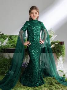 Tween Girl's High Neck Long Sleeved Sequined Mermaid Formal Dress