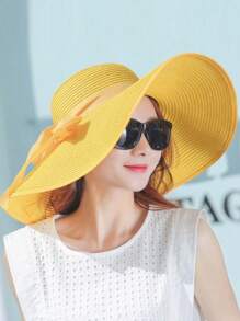 Women's Summer Sunscreen Hat, Beach Straw Hat, Korean Style Student Versatile Summer Ladies Fashionable Large Brim Sun Hat, Stylish Personalized Casual Bohemian Retro Street Elegant Polyester Bowknot Windproof UV Protection Cap, Spring/Summer - Hat - View 15