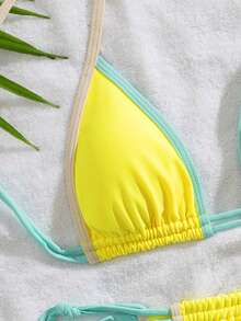 PEPPERMOLLY Contrast Binding Adjustable Strap Bikini Set, Ladies Fashion Swimwear For Beach, Yellow, For Summer Vacation - Yellow - View 4