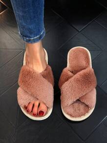 女士蓬松柔软交叉家居拖鞋，毛绒温暖舒适露趾毛茸茸室内/户外拖鞋，透气 - 棕色 - 查看 5