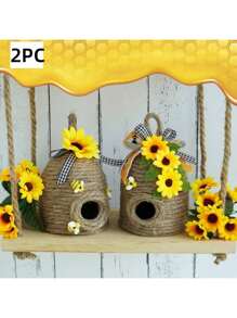 2Pcs Bee Hive Decor, 2 Packs Bumble Bee Rustic Decor Hive, Natural Bee House, Bumble Bee Theme Party Decor Spring Summer Rustic Farmhouse Kitchecn Table Decor, Honey Bee Tiered Tray Decor Best Gifts Birthday Graduation