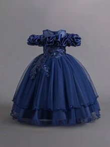 Tween Girls Applique Mesh Elegant Princess Dress For Birthday Party, Banquet, School Performance, With Random Pearl Studs, Excluding Hair Accessories