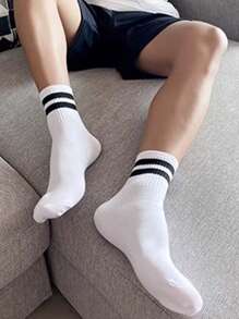 20 Pairs Men's Simple Fashionable Double Stripe Pattern Mid-Calf Socks, Casual And Versatile For Daily Wear