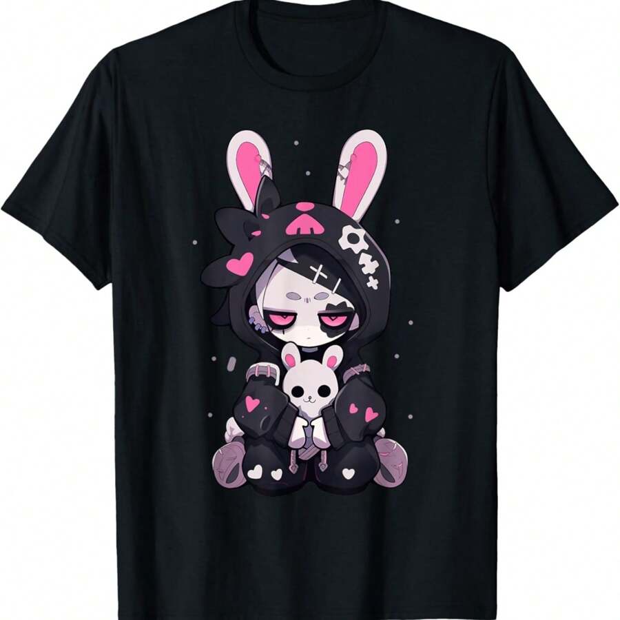 Goth Bunny Anime Girl Cute E-Girl Gothic Outfit Grunge T-Shirt - 黑色 - 查看 1