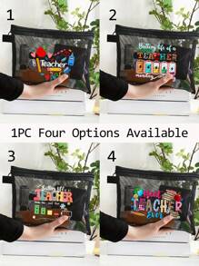 黑色网眼化妆包，带创意字母教师图案，气垫收纳便携式收纳包，化妆包，护肤包，旅行必需品，宿舍用品，浴室收纳，珠宝收纳，唇油和化妆品收纳包学校用品 - 黑色 - 查看 1