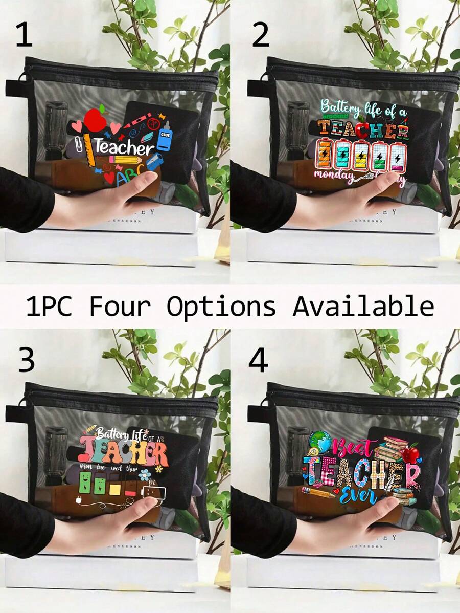 黑色网眼化妆包，带创意字母教师图案，气垫收纳便携式收纳包，化妆包，护肤包，旅行必需品，宿舍用品，浴室收纳，珠宝收纳，唇油和化妆品收纳包学校用品 - 黑色 - 查看 1