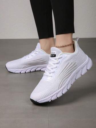 女士白色针织网球鞋，系带，软底，轻便，舒适，休闲，适合健身、锻炼、跑步