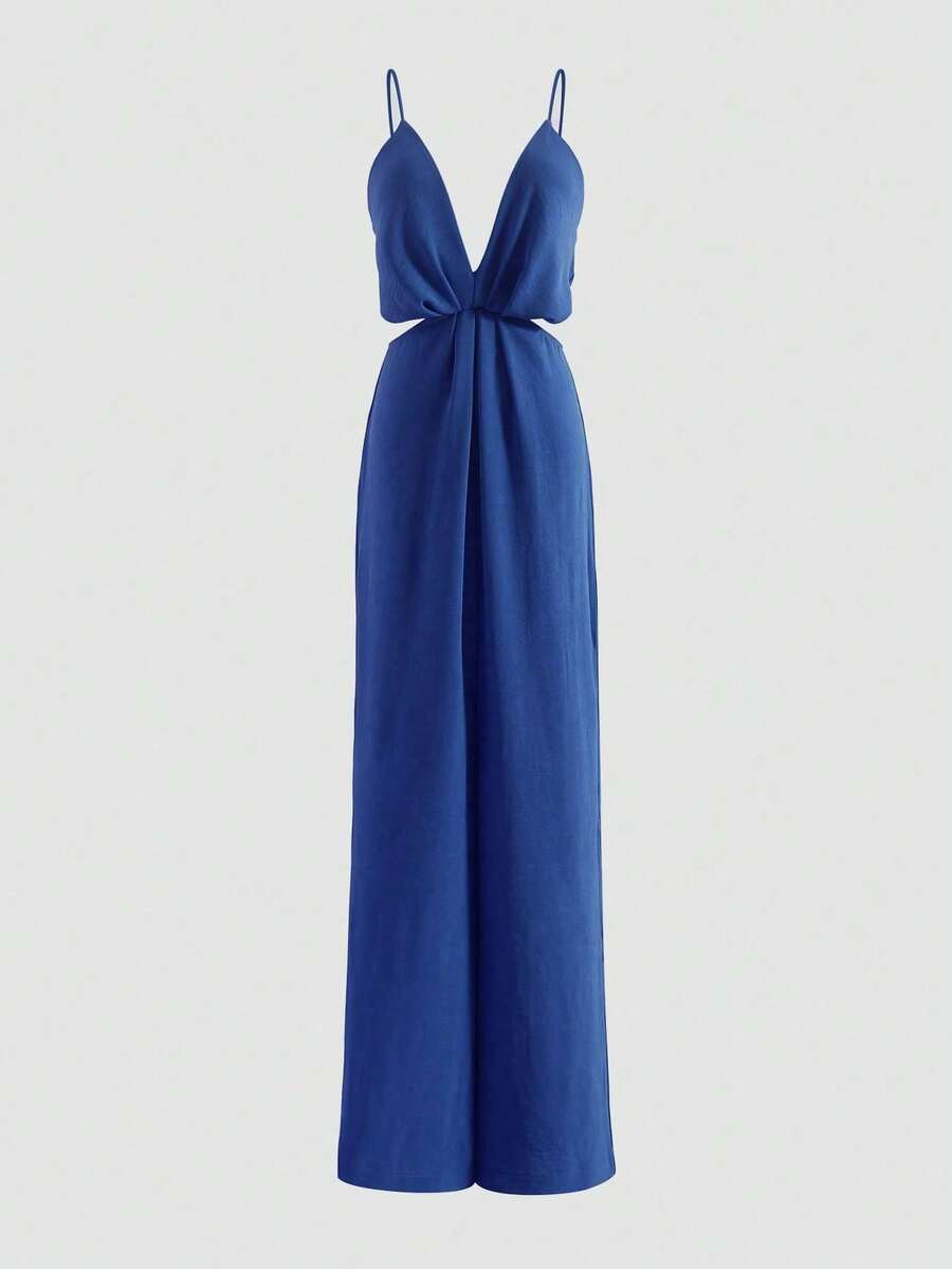 1pc Women's Solid Color Spaghetti Strap Hollow Out Jumpsuit - Navy Blue - View 1