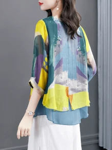 YUXIN Nueva blusa de gasa con estampado y cuello redondo, diseño suelto 2 en 1 para primavera/verano