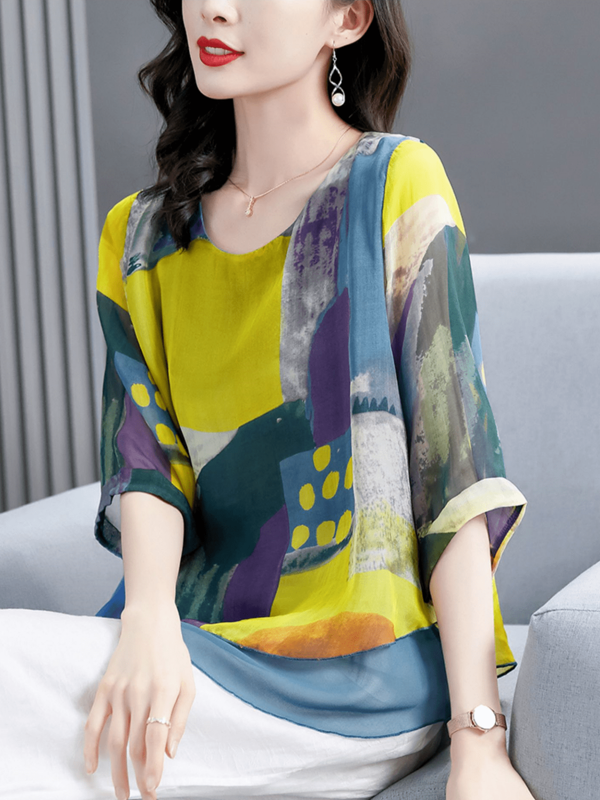 YUXIN New Spring/Summer Fashion Round Neck Printed Chiffon Blouse, Loose Design 2 In 1 Casual Top