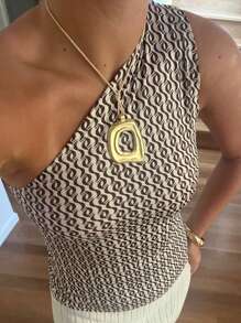 Women's One Shoulder Tops Slim Flower Print Slash Neck Backless Sleeveless Crop Shirt For Summer - Dark Brown - View 3