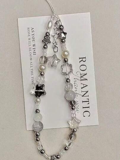 别致的串珠手机挂绳，星星和珍珠装饰，亚克力串珠饰物，适用于手机、相机、耳机的多功能配件，时尚个性化手持装饰礼物，适合母亲、家人、朋友、生日、节日手机饰物、手机链