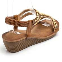Summer Fashion Crystal & Pearl Decor Wedge Heel Thong Sandals - Camel - View 4