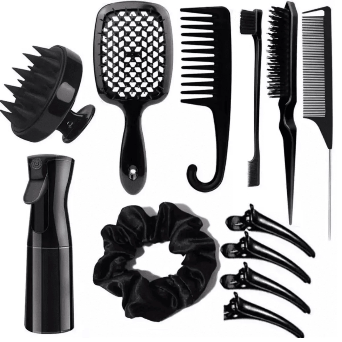 12pcs Curly Hair Brush Curly Ponytail Comb Set Salon Tools - Negro - Ver 1