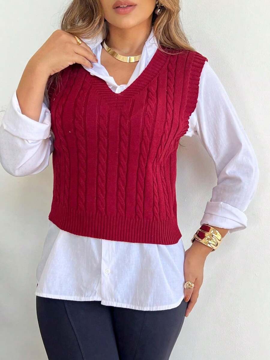 V-Neck Braided Knit Sweater Vest - Red - View 1