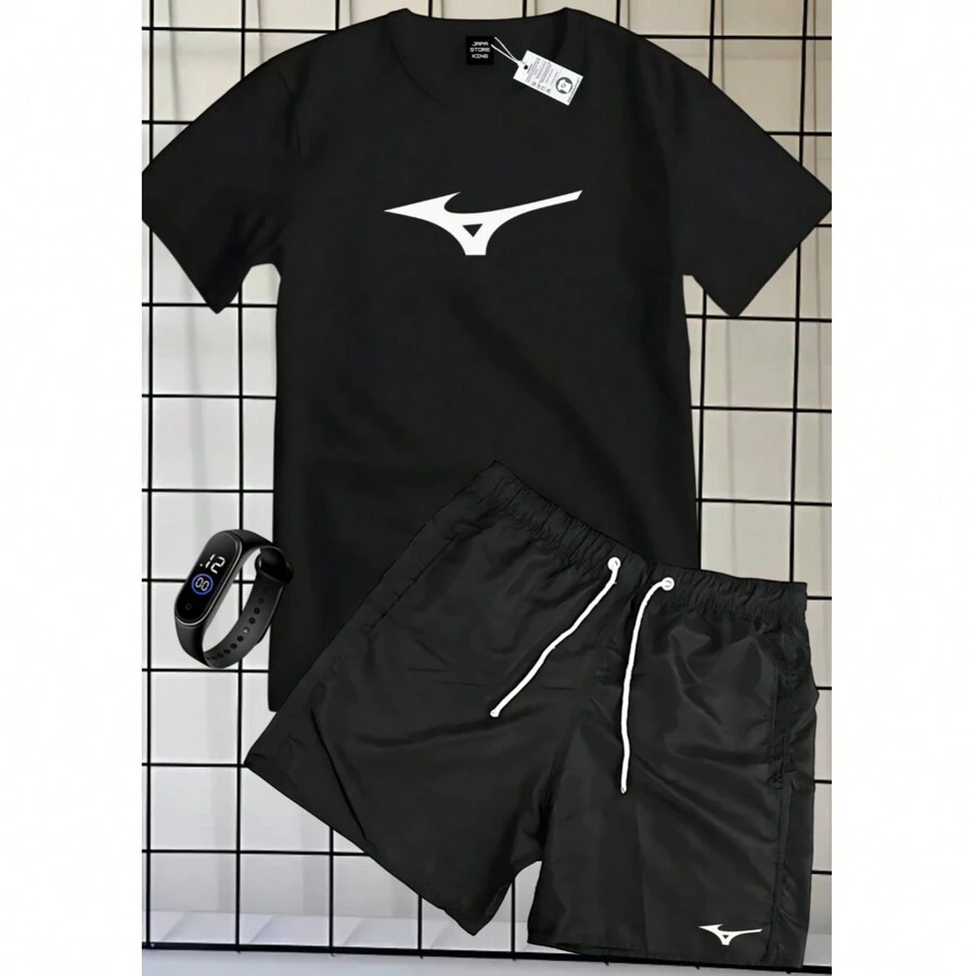 SET OF 100% COTTON SHIRT, SHORT SLEEVE, TACTEL SHORTS, MIZZU PRINT + FREE WATCH - Black - View 1