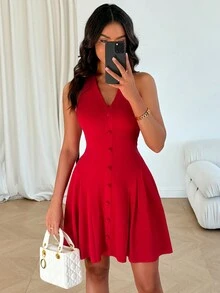 女士纯红色束腰纽扣A字褶皱迷你连衣裙，高弹面料，适合春、夏、秋、冬四季穿着，时尚、年轻、百搭，适合日常购物、节日和通勤，优雅的红色圣诞连衣裙