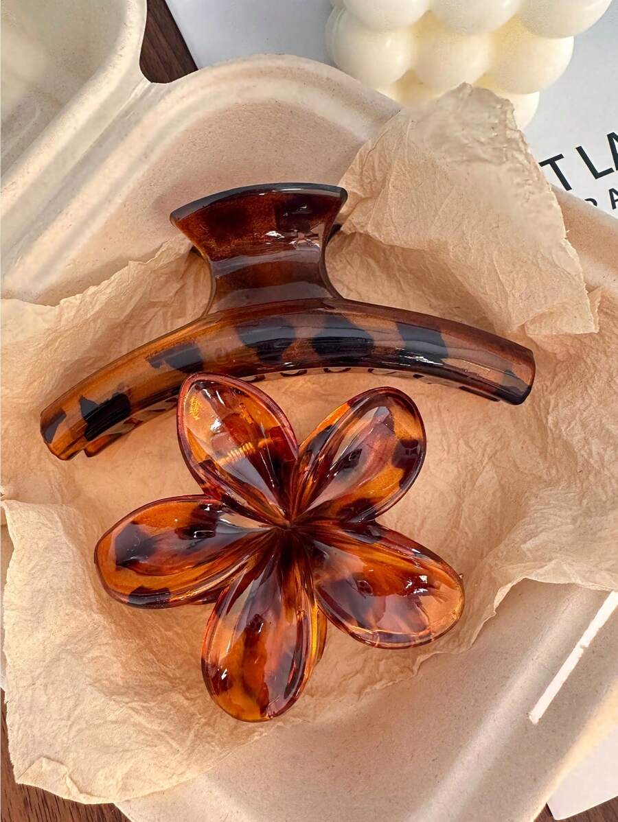 2 件/套女士优雅豹纹焦糖亚克力花夹 - 配有爪夹和花夹 - 适合高马尾辫，优雅甜美夏季多功能旅行、海滩和日常配饰