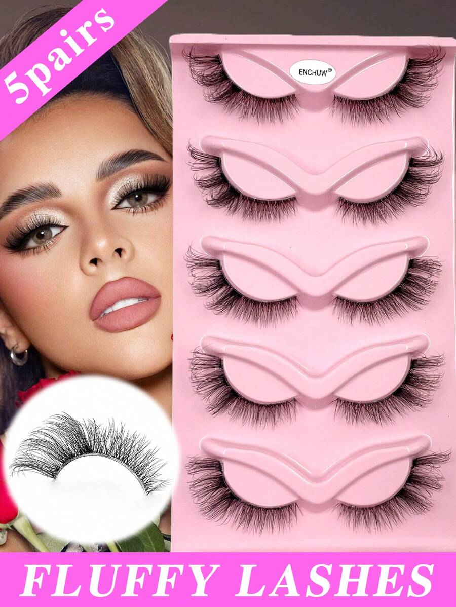 5对ENCHUW猫眼假睫毛，透明柔软黑色睫毛梗，3D自然假睫毛，蓬松柔软交叉卡通睫毛，精致自然睫毛嫁接妆容 - 黑色 - 查看 1