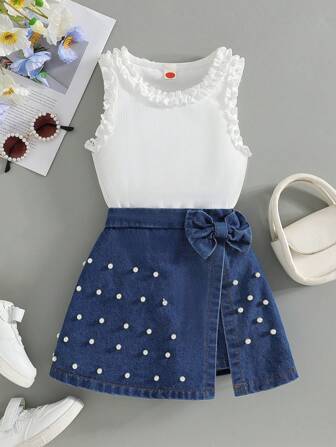 Set de 2 piezas con top sin mangas y falda corta de jean decorada con rhinestones para niña joven de moda