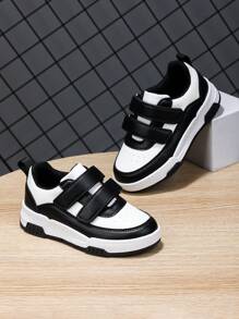 Adjustable Hook And Loop Closure Color Block Casual Sneakers, TPR Non-Slip Wear Resistant Sole, Suitable For Teenagers Back To School Season A Pair Of Boys Shoes Kids Breathable Shoes Black And White Sneakers Shoes School Girl Shoes White Shoes For Casual Wear - Black and White - View 4