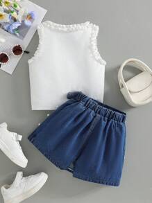 Bộ 2 chiếc áo không tay thời trang cho bé gái + váy denim đính đá trang trí - trắng - Xem 2