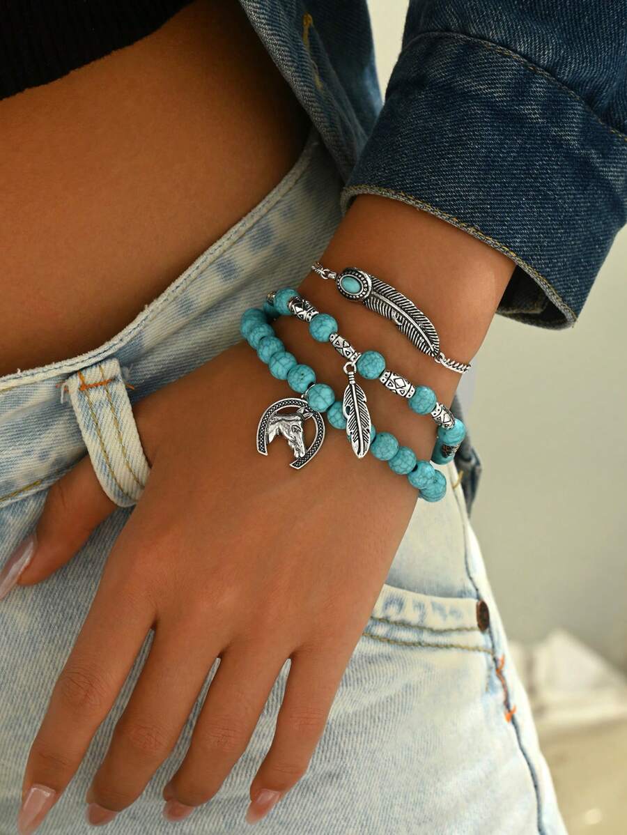 Set de 3 pulseras con cuentas con diseño de cabeza de caballo y hojas estilo vaquero occidental con apariencia de turquesa - Multicolor - Ver 1