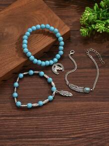 Set de 3 pulseras con cuentas con diseño de cabeza de caballo y hojas estilo vaquero occidental con apariencia de turquesa - Multicolor - Ver 4