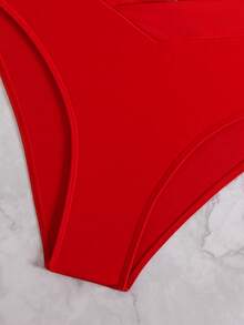 2025 Plus Size Minimalist Solid Color Tankini Set, Resort Beach Swimwear, For Summer Vacation - Red - View 4