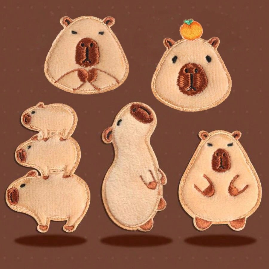 5pcs Mixed Style Velvet Capybara Patch, Cloth Decoration Applique For Clothing, Bags - Brown - View 1