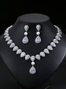 1 Set Of 3pcs Luxury Elegant Cubic Zirconia Necklace & Earrings Set, Bridal Wedding Party Dress Faux Pearl Jewelry Gift, Teardrop Decor For Women's Festive Wear
