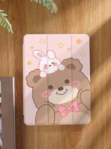 卡通熊和兔子图案平板电脑保护壳，兼容 iPad 9.7/10.2/10.5/10.9/12.9/Pro 11、Galaxy Tab S6 Lite 10.4 英寸、Tab 等，带笔槽/防摔/自动睡眠/唤醒 - 彩色 - 查看 3