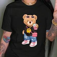 Camiseta Con Estampado De Osito Fresco, Top Informal De Manga Corta Con Cuello Redondo Para Verano Y Primavera, Ropa De Mujer - Black - View 1