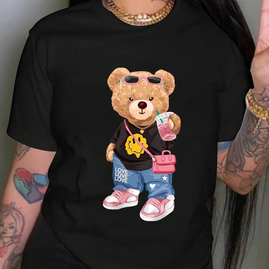 Camiseta Con Estampado De Osito Fresco, Top Informal De Manga Corta Con Cuello Redondo Para Verano Y Primavera, Ropa De Mujer - Black - View 1