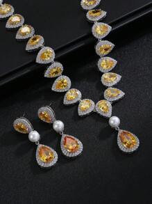 1 Set Of 3pcs Luxury Elegant Cubic Zirconia Necklace & Earrings Set, Bridal Wedding Party Dress Faux Pearl Jewelry Gift, Teardrop Decor For Women's Festive Wear