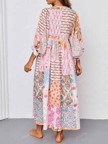 Vestido Maxi de Mujer de Mangas Linterna Estilo Bohemio con Cuello en V, Lazada, Bolsillos y Estampado de Retazos al Azar