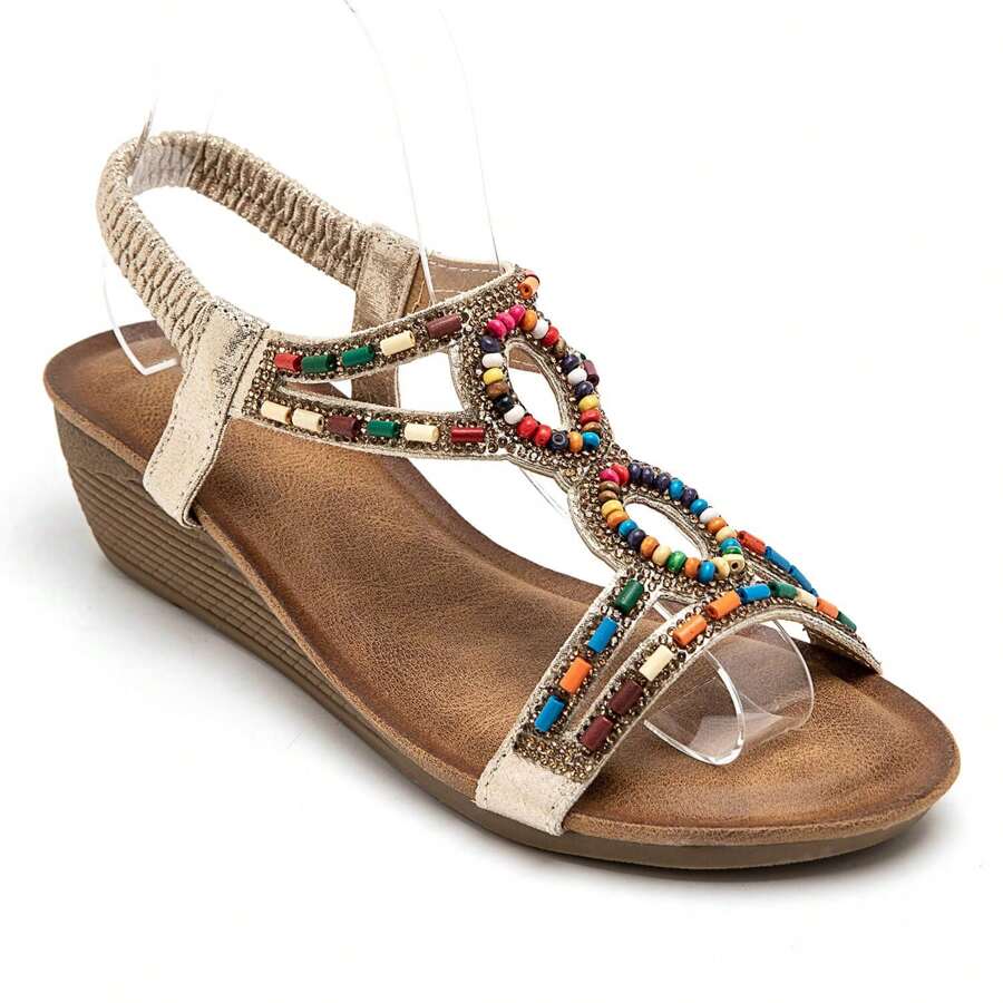Platform Sandal With Rhinestone Details And Decorative Buckle - Gold - View 1