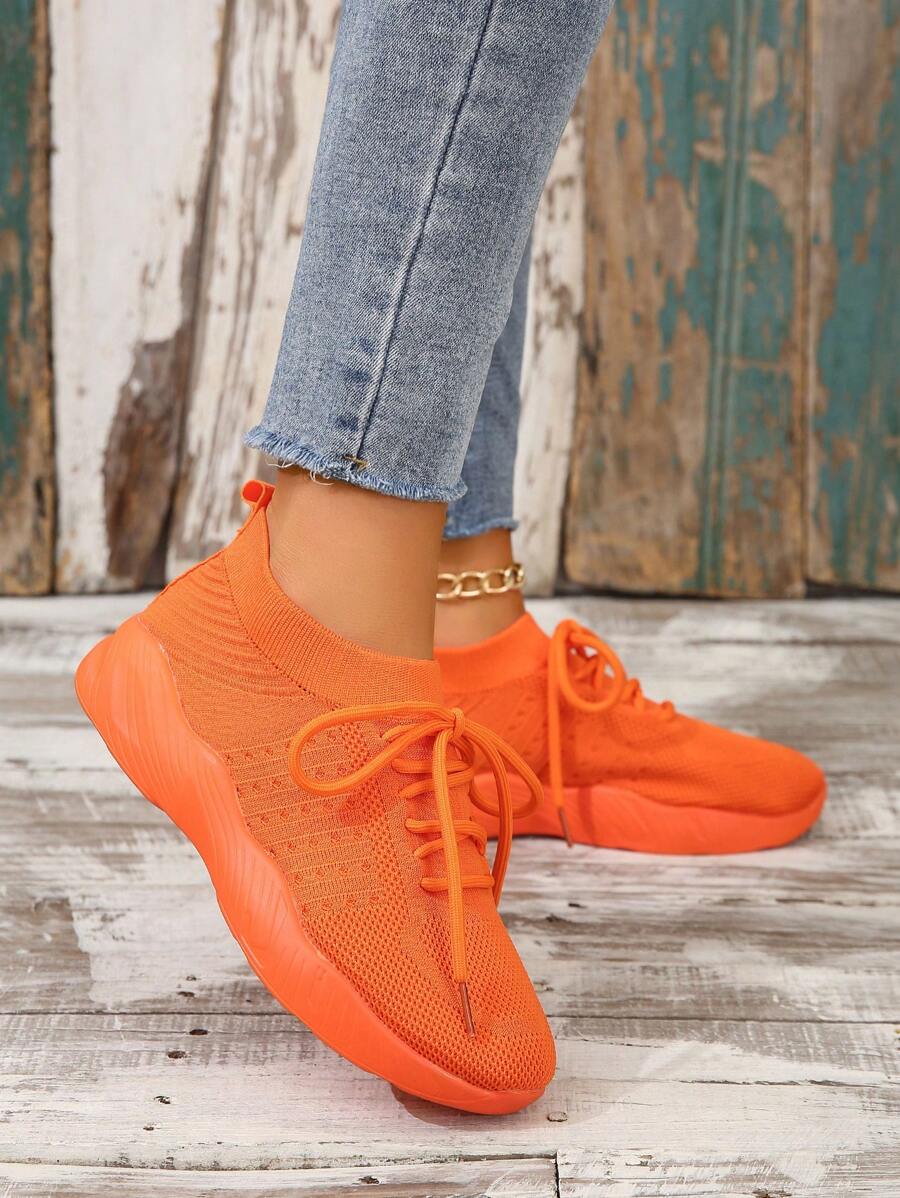 网眼系带运动鞋，女士柔软、轻便、厚底、透气、跑步、休闲运动鞋 - 桔色 - 查看 1