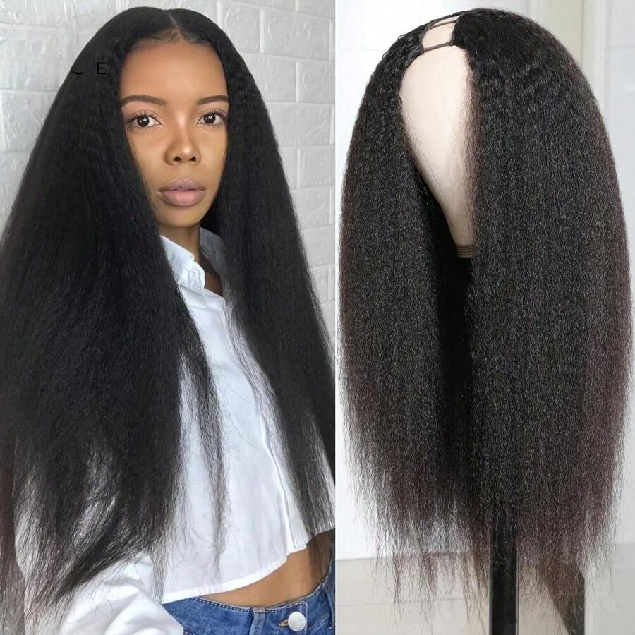 200% Density V Part Wig Human Hair Wigs For Women Kinky Straight V Part Wig Virgin Hair Half Wigs For Women No Lace Upgrade U Part Human Hair Wigs Holiday Christmas New Year Valentine's Day - Natural Black - 查看 1